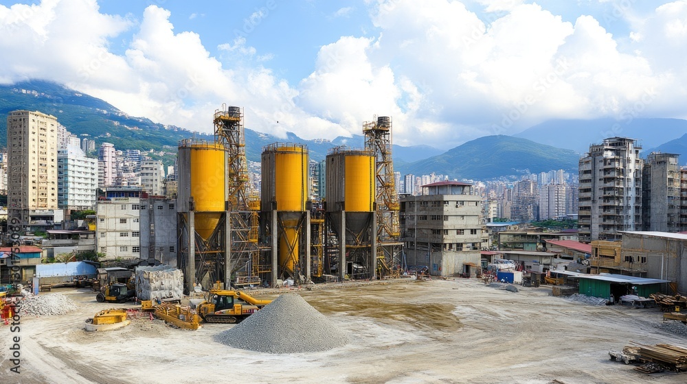 Obraz premium A concrete batching plant with silos and conveyor belts actively mixing and transporting cement.