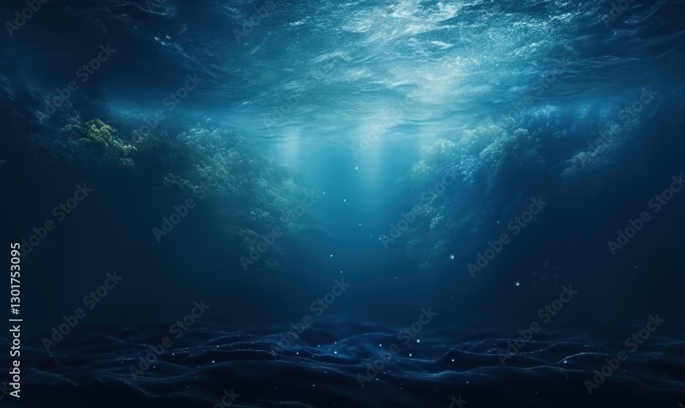 Fototapeta premium Underwater ocean view, sun rays and clouds. Background with light. Possible background use