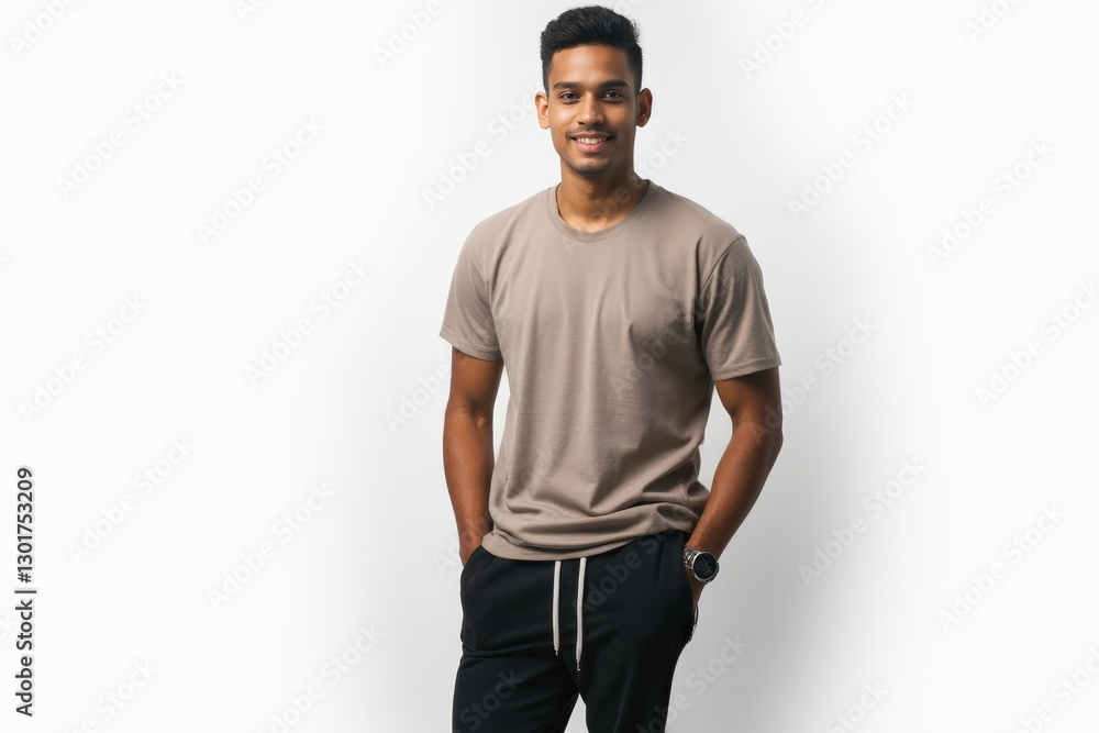 Half-Length (Waist-Up) portrait of young stylish smiling Colombian male model in sporty wear isolated on pure white background looking at camera Half-Length (Waist-Up) portrait of young stylish smiling Colombian male model in sporty wear isolated on pure white background looking at camera