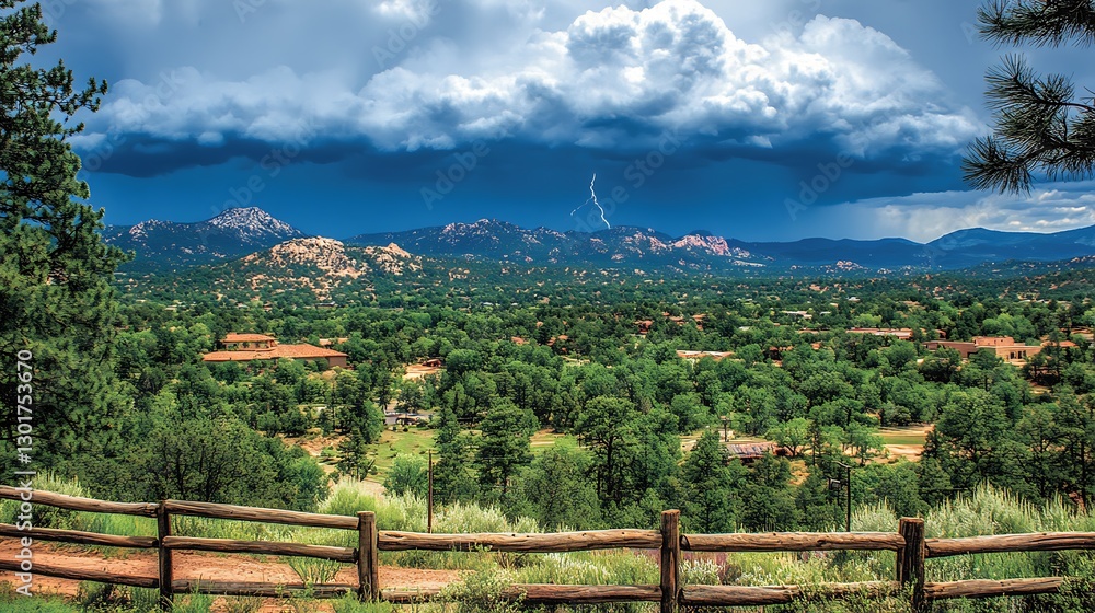 Scenic view of a mountain range with storm clouds and lightning Scenic view of a mountain range with storm clouds and lightning