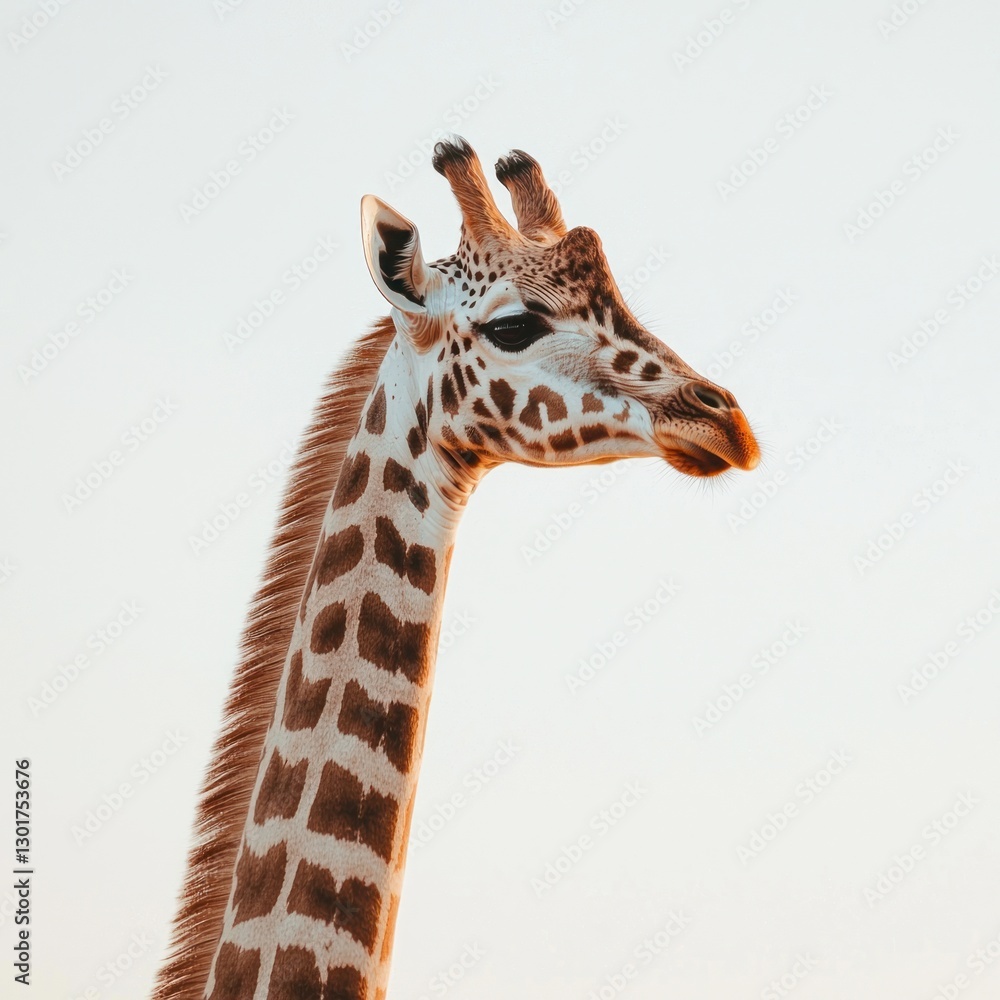 Close-up of a giraffe's head and neck against a bright sky. (1) Close-up of a giraffe's head and neck against a bright sky. (1)