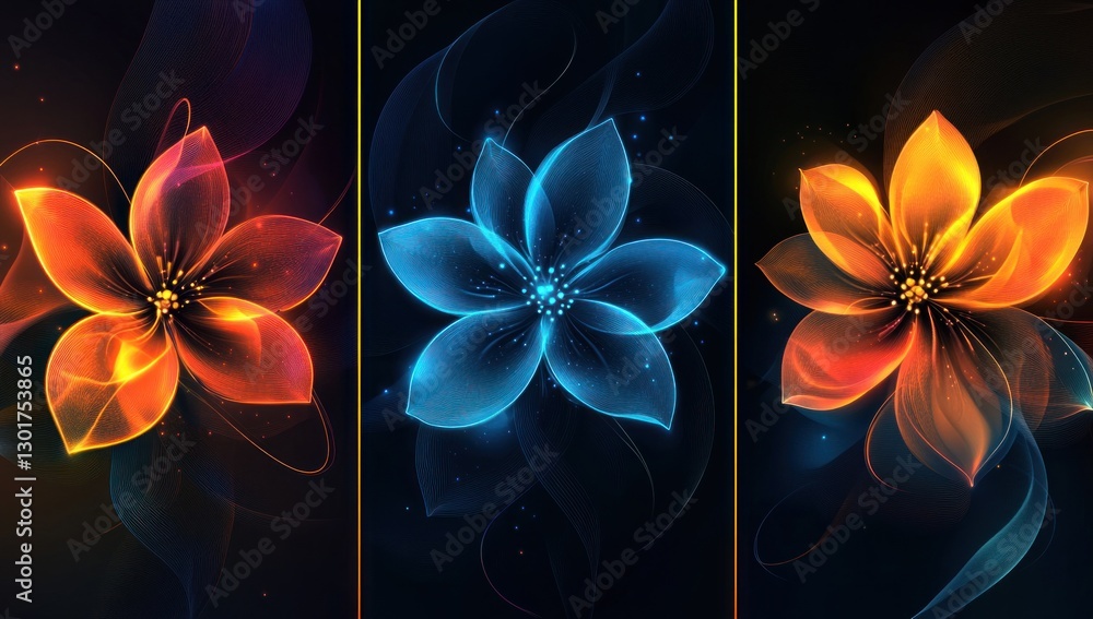 Fototapeta premium Three glowing flowers in red, blue, and orange.