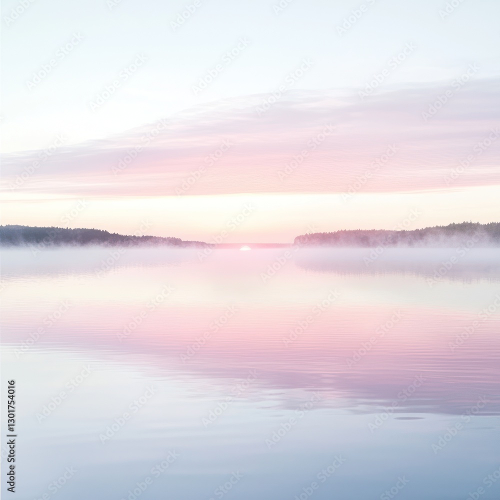 Fototapeta premium Serene sunrise over calm lake with mist. (1)