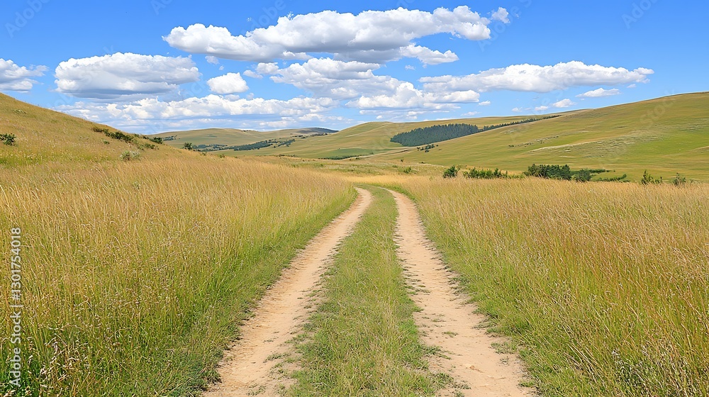 Obraz premium A Dirt Path Leads Through Rolling Hills And Tall Grass