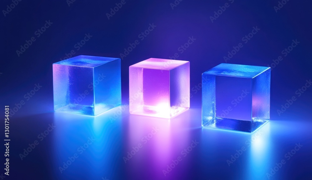 Three glowing glass cubes on dark background. Three glowing glass cubes on dark background.