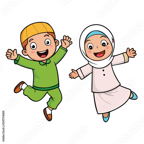 cute girl and boy moslem jump happy face