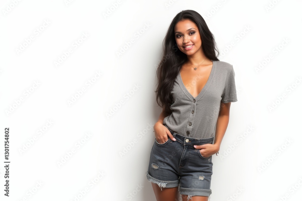 Half-Length (Waist-Up) portrait of young stylish smiling Colombian female model in emo wear isolated on pure white background looking at camera Half-Length (Waist-Up) portrait of young stylish smiling Colombian female model in emo wear isolated on pure white background looking at camera