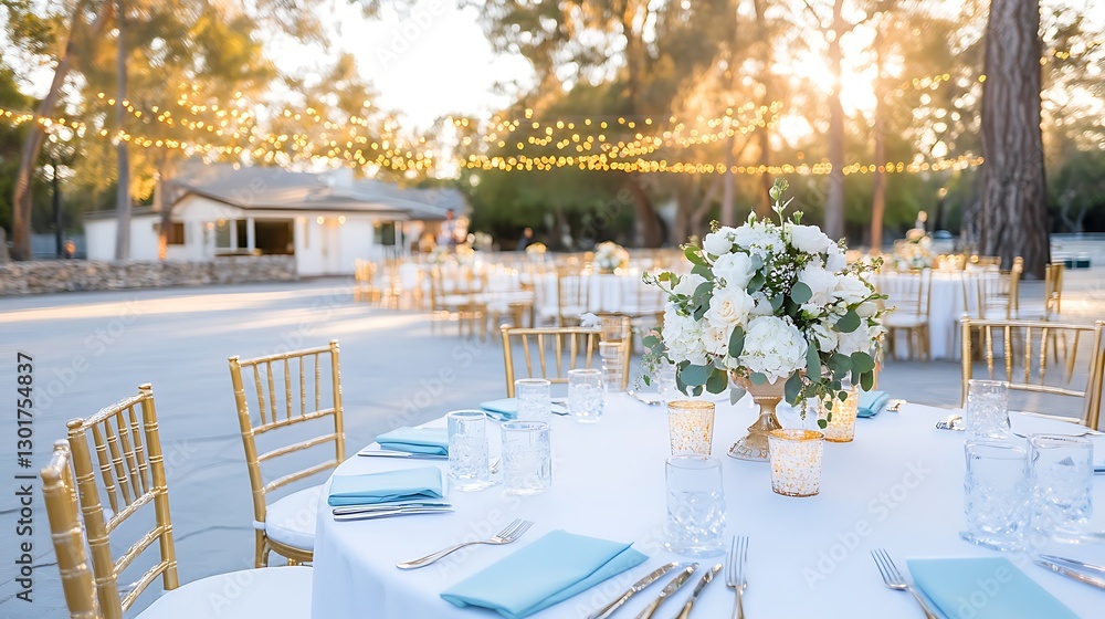 Fototapeta premium Elegant wedding reception outdoor venue table setting daytime scenic view celebration