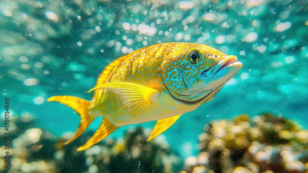 Fototapeta premium Yellow fish swims underwater over coral reef, sunlit background, for marine life study
