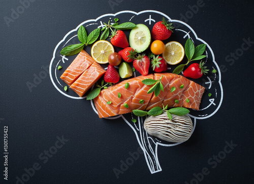 Overhead shot of salmon, strawberries, lemons, and other healthy foods arranged in the shape of a brain on a dark surface.