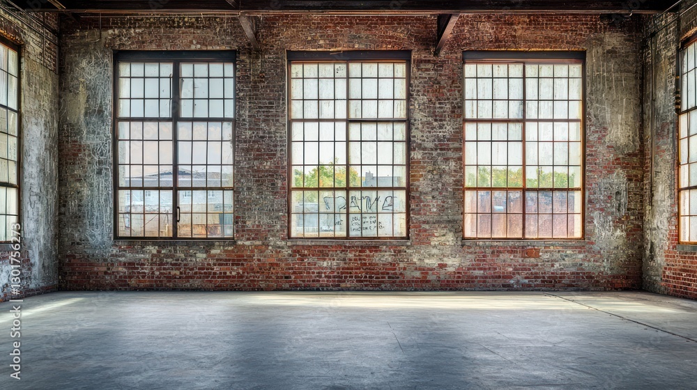 Empty industrial space with large windows and brick walls. Empty industrial space with large windows and brick walls.