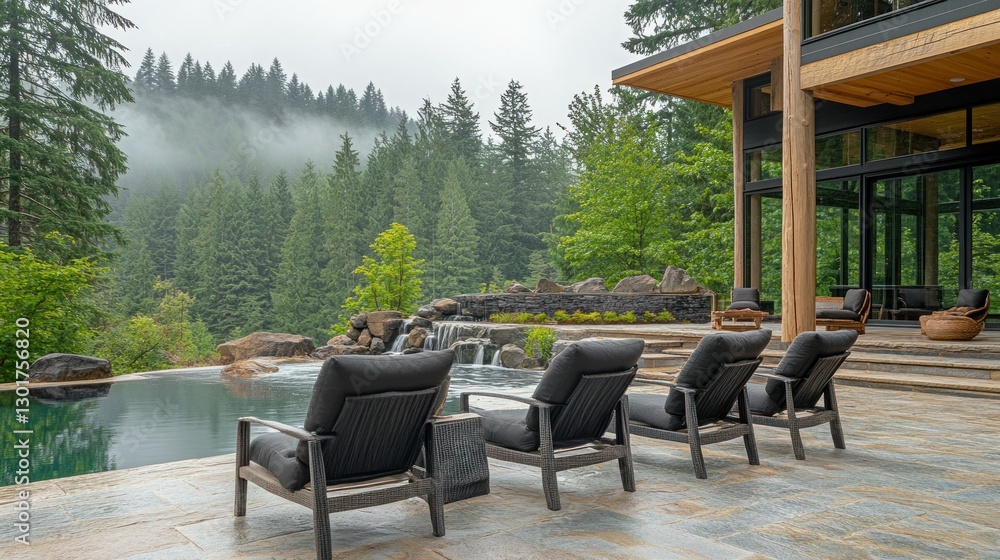 Misty mountain view luxury poolside relaxation Misty mountain view luxury poolside relaxation