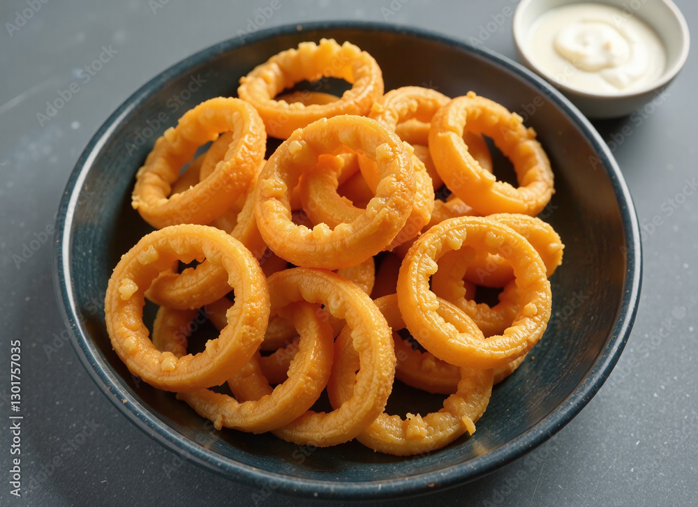Close-up of a plate of golden, crispy onion rings with a small bowl of mayonnaise on the side. Close-up of a plate of golden, crispy onion rings with a small bowl of mayonnaise on the side.