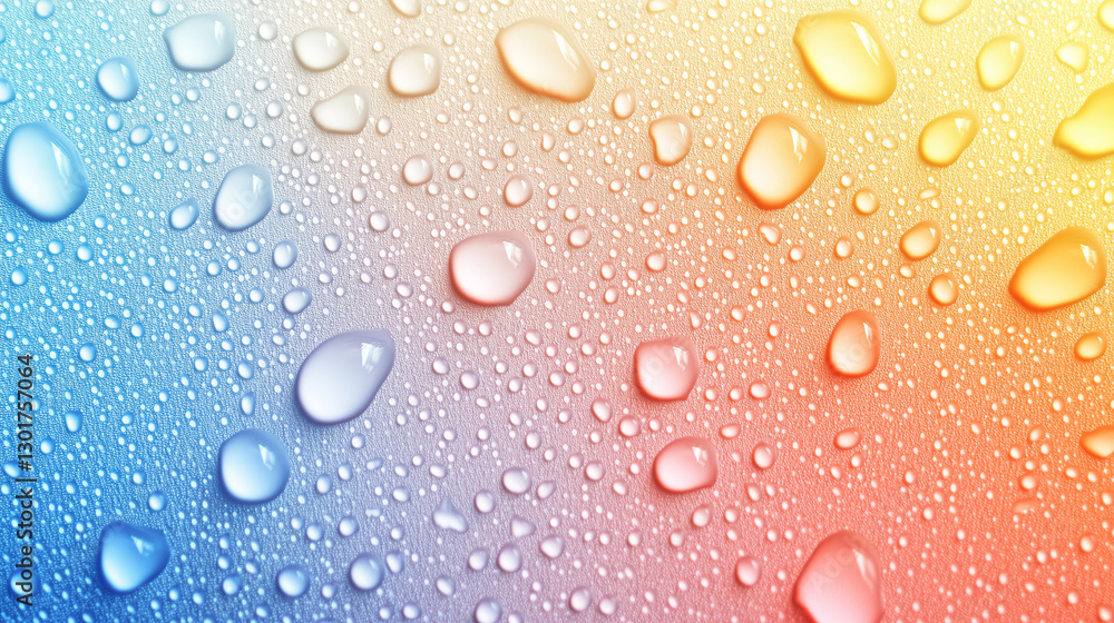 Close-up of water droplets on a colorful gradient background transitioning from blue to orange Close-up of water droplets on a colorful gradient background transitioning from blue to orange