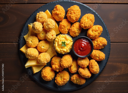 Overhead shot of a dark plate with various cheese snacks, including round cheese balls, cheese nuggets, mac and cheese, and ketchup.