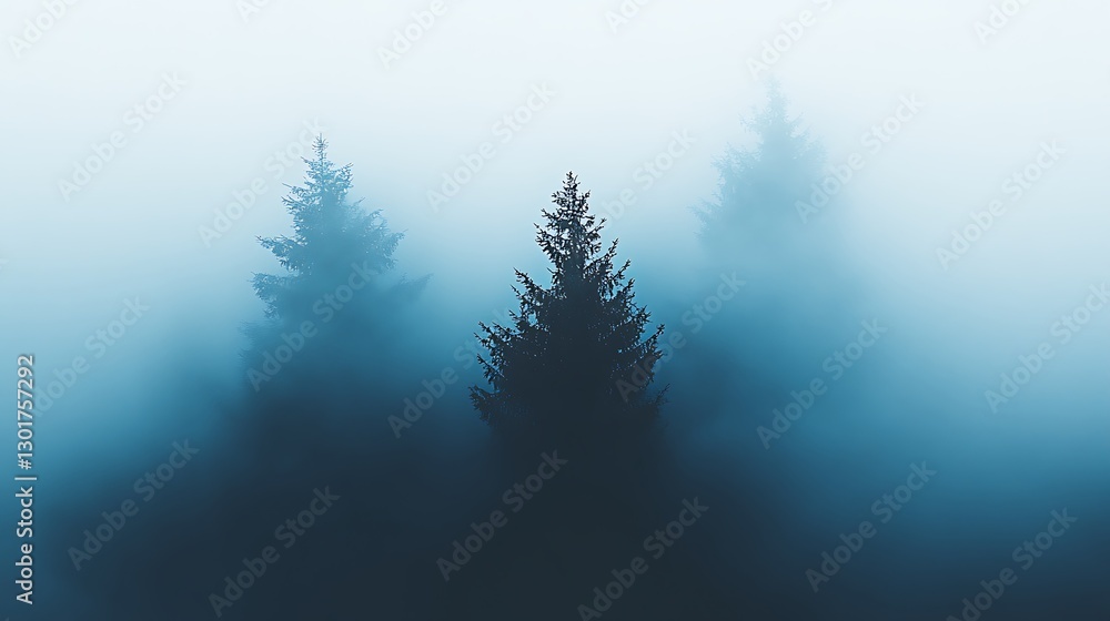 Three Evergreen Trees Silhouetted In Thick Opaque Fog Three Evergreen Trees Silhouetted In Thick Opaque Fog