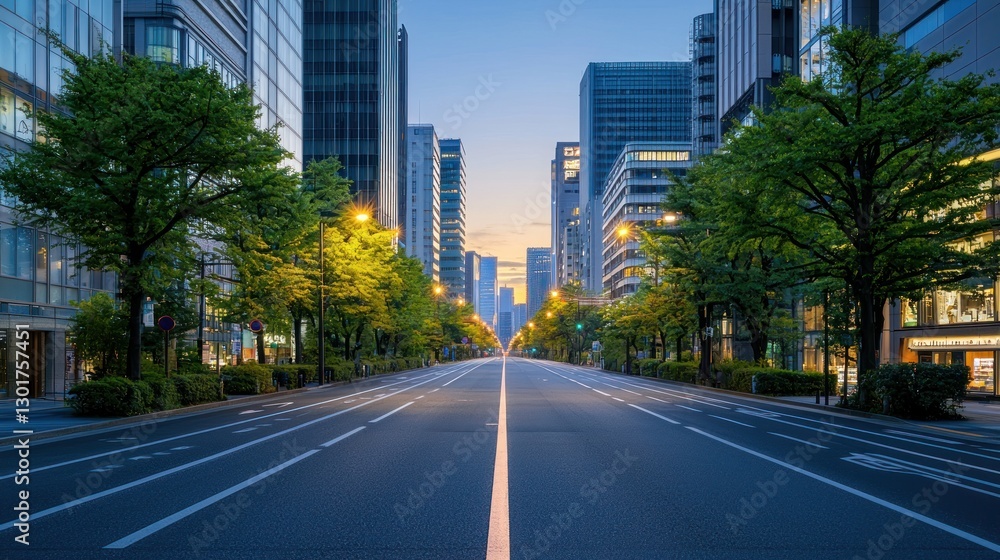 Empty city street at dawn, skyscrapers, trees, lights. Empty city street at dawn, skyscrapers, trees, lights.