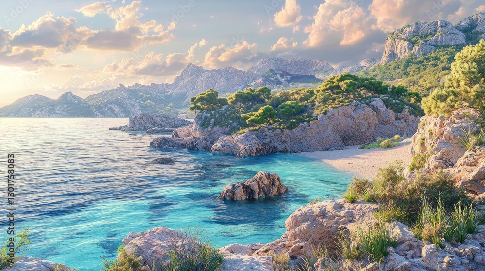 Scenic coastal view of tranquil beach at sunset, turquoise water, rocky shores, and lush greenery. Scenic coastal view of tranquil beach at sunset, turquoise water, rocky shores, and lush greenery.