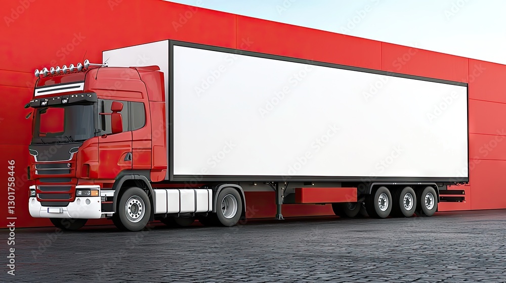 Red truck with blank trailer in front of red wall. Possible use Mockup for advertising Red truck with blank trailer in front of red wall. Possible use Mockup for advertising