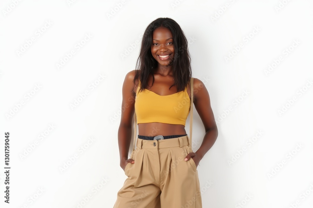 Half-Length (Waist-Up) portrait of young stylish smiling Congolese female model in retro wear isolated on pure white background looking at camera Half-Length (Waist-Up) portrait of young stylish smiling Congolese female model in retro wear isolated on pure white background looking at camera