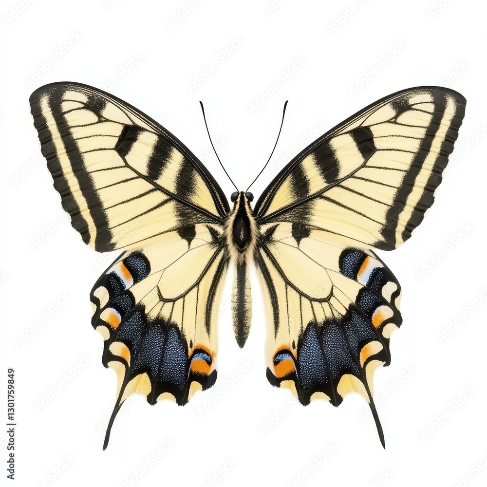 Fototapeta premium Capture the beauty of a swallowtail butterfly with vibrant hues and elegant shape, set against a white backdrop.