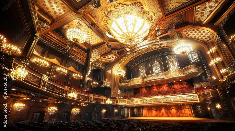 Fototapeta premium Grand opulent theater interior with stage, ornate chandeliers, and seating.