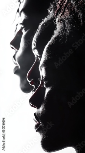 Profile view of three people, artistic portrait, studio shot, possible use for social media or print