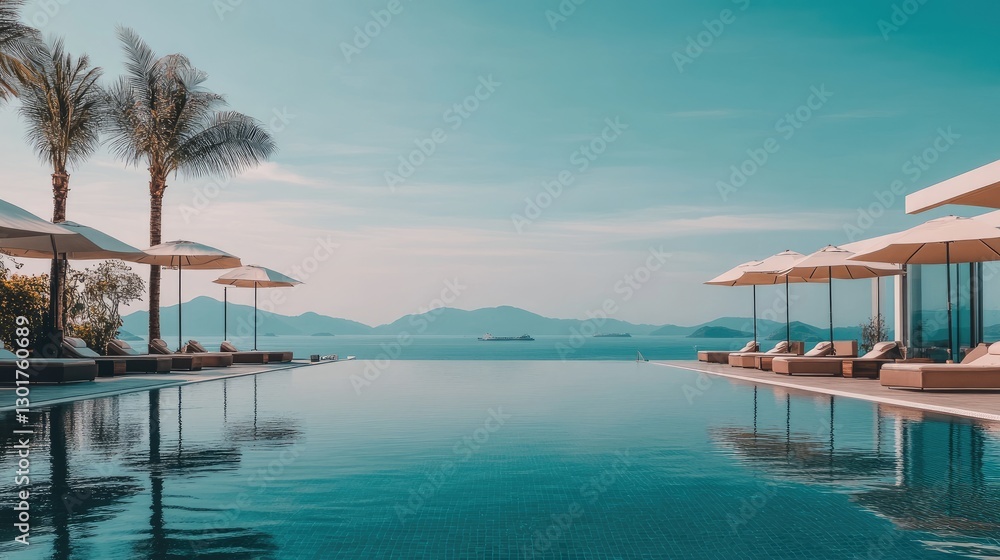 A luxurious hotel pool with crystal-clear water reflecting the blue sky, surrounded by palm trees and modern lounge chairs. A luxurious hotel pool with crystal-clear water reflecting the blue sky, surrounded by palm trees and modern lounge chairs.