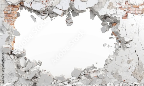 Wall demolition broken brick facade with a bright white background. Symbol of destruction