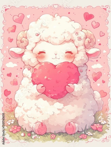 Cute little sheep holding a heart in a whimsical hand drawn illustration for romantic themes