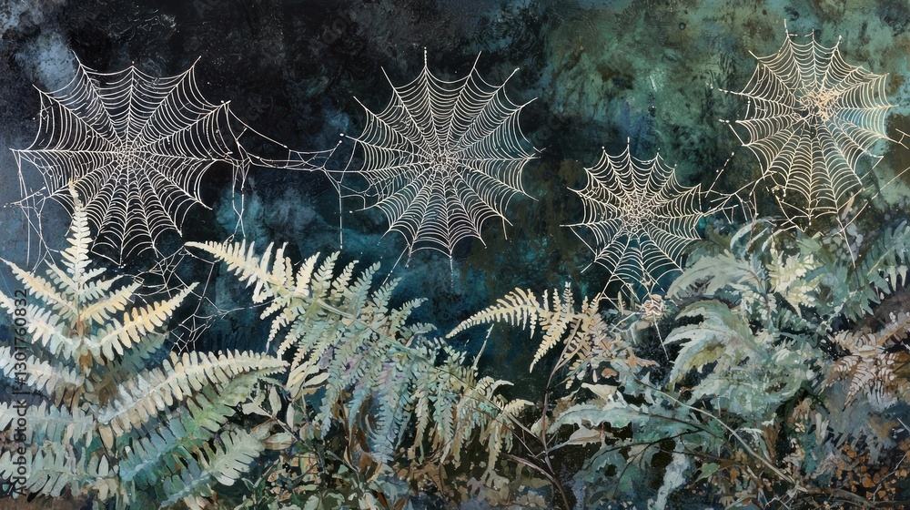 Dew-kissed spiderwebs hang above lush ferns in a mystical forest scene. Dew-kissed spiderwebs hang above lush ferns in a mystical forest scene.