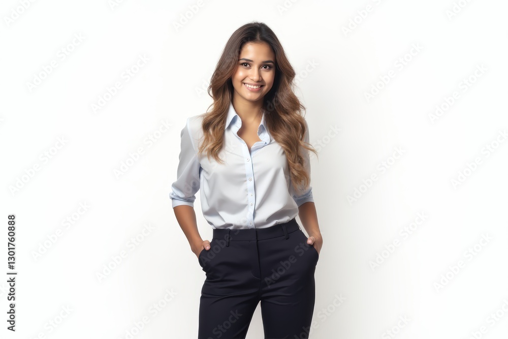Half-Length (Waist-Up) portrait of young stylish smiling Costa Rican female model in formal wear isolated on pure white background looking at camera Half-Length (Waist-Up) portrait of young stylish smiling Costa Rican female model in formal wear isolated on pure white background looking at camera