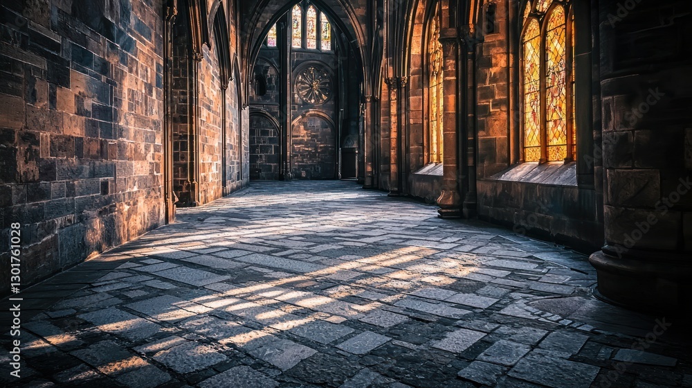 Fototapeta premium Sunlit stone cathedral corridor with stained glass.