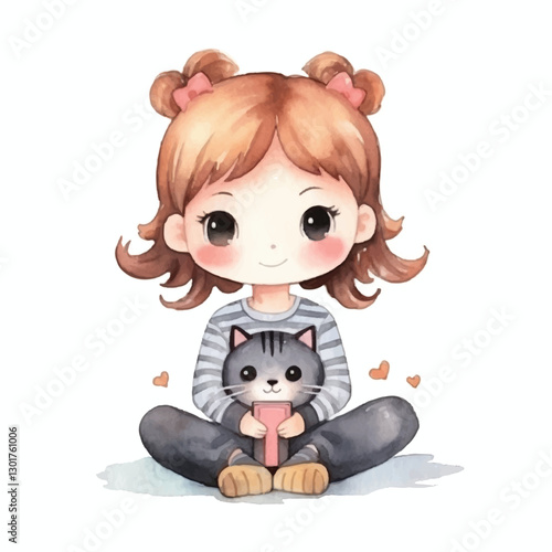 watercolors Cute cat girl sitting illustration 