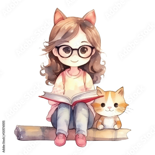 watercolors Cute cat girl sitting illustration 