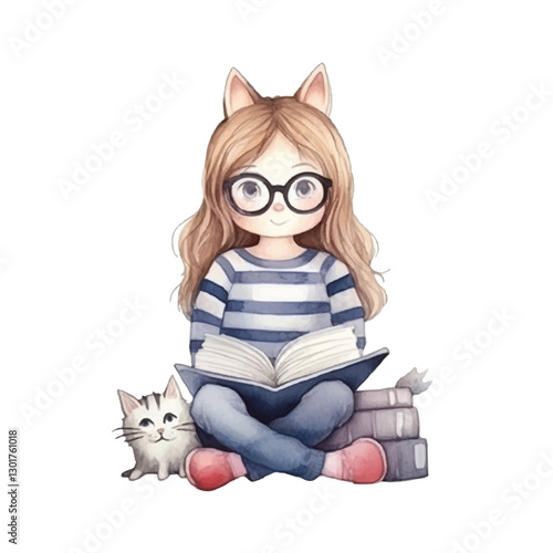 watercolors Cute cat girl sitting illustration 