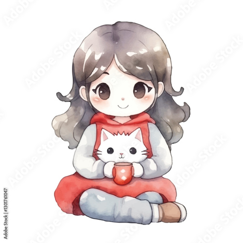watercolors Cute cat girl sitting illustration 
