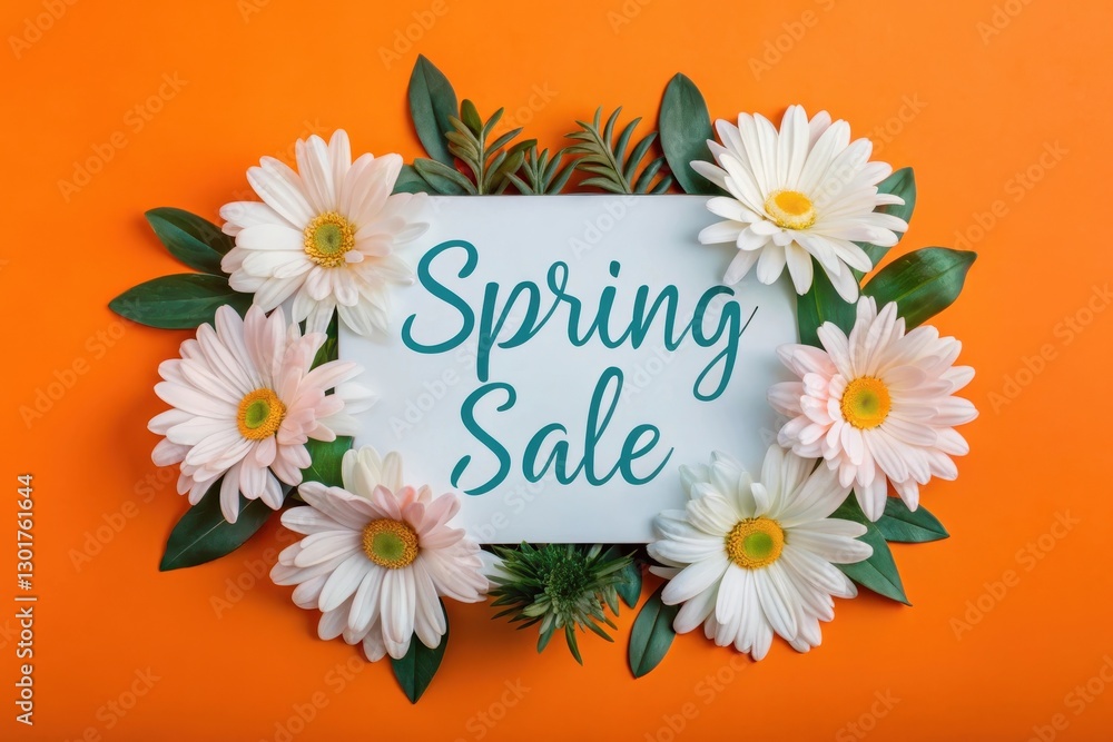 Fototapeta premium Celebrate the vibrant colors of spring with a delightful sale announcement adorned by cheerful daisies and lush greenery. Generative AI