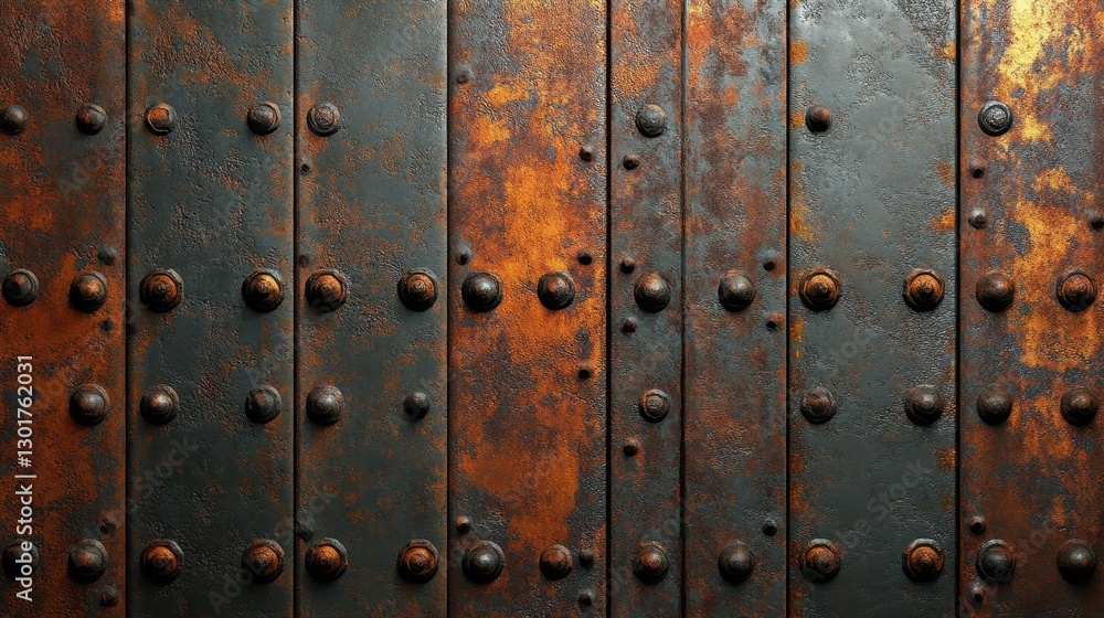 Fototapeta premium Explore this rustic metal texture featuring weathered bolts and rust patterns, perfect for industrial design projects.