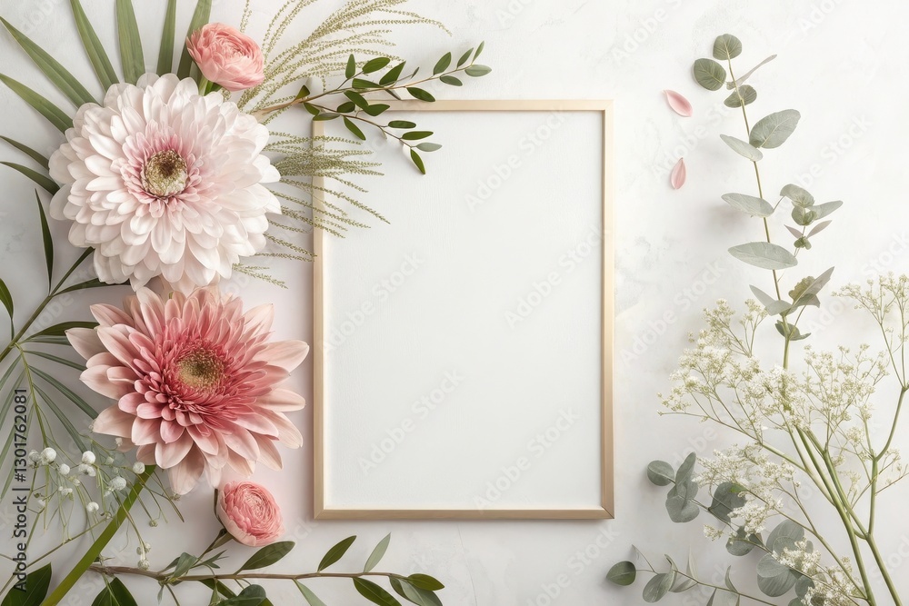 Fresh floral arrangement with empty frame inviting creativity in a serene, light-filled setting. Generative AI Fresh floral arrangement with empty frame inviting creativity in a serene, light-filled setting. Generative AI
