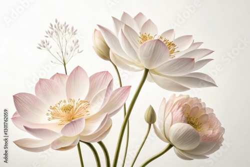 Delicate blossoms of lotus flowers reveal their serene beauty in soft hues against a light background. Generative AI