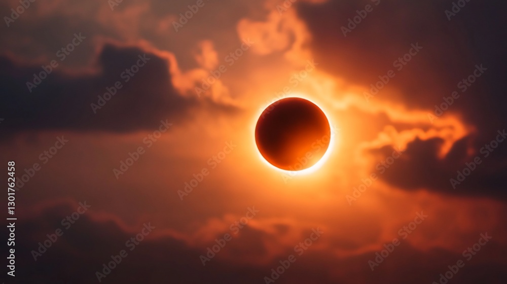 Obraz premium Total solar eclipse during sunset, fiery sky