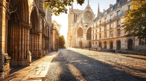 Fototapeta Naklejka Na Ścianę i Meble -  Sunlit cobblestone street with Gothic cathedral.