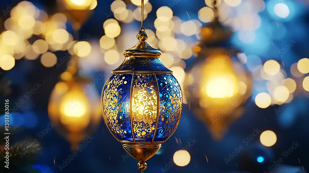 A decorative blue lantern glowing amidst soft lights, evoking warmth and ambiance. A decorative blue lantern glowing amidst soft lights, evoking warmth and ambiance.