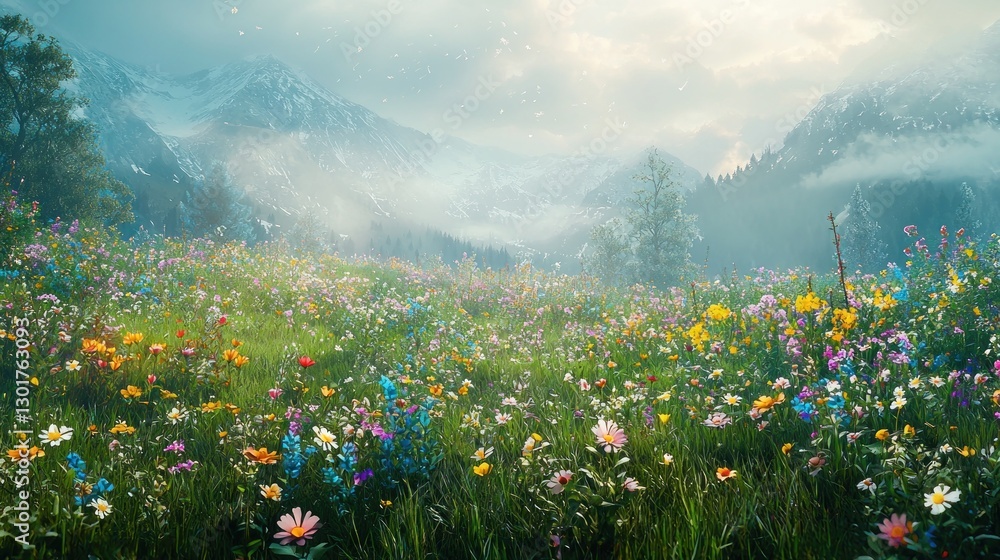 Fototapeta premium Misty mountain meadow with vibrant wildflowers.