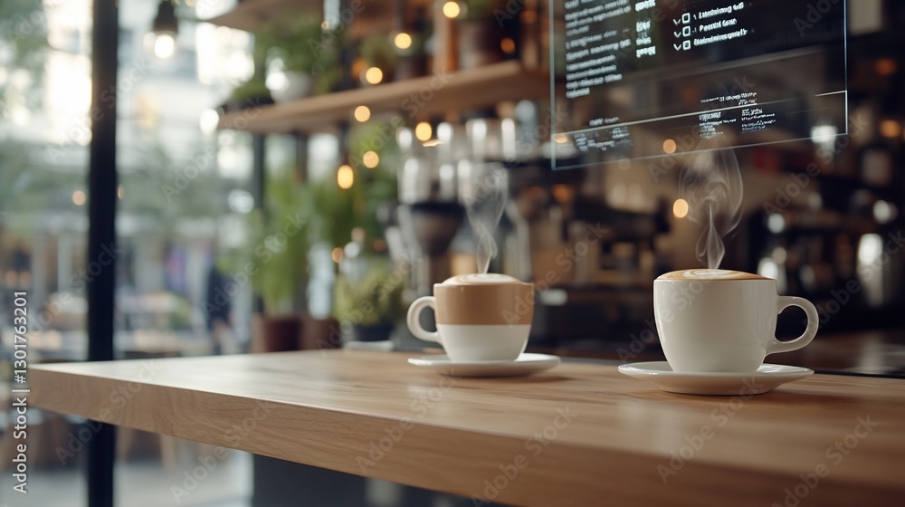 Two coffees steaming on cafe counter, menu above. Use Cafe marketing Two coffees steaming on cafe counter, menu above. Use Cafe marketing