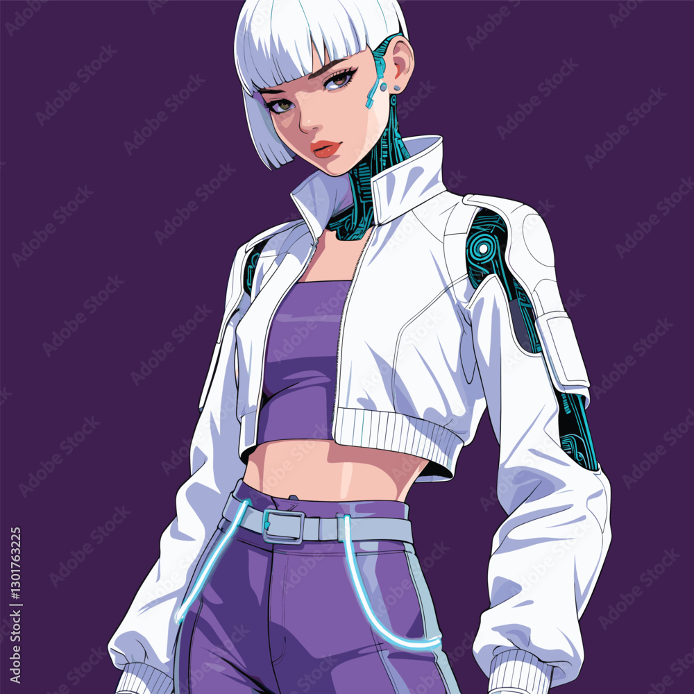 Cyberpunk woman standing, electronic circuits on body, wearing white jacket, purple background Cyberpunk woman standing, electronic circuits on body, wearing white jacket, purple background
