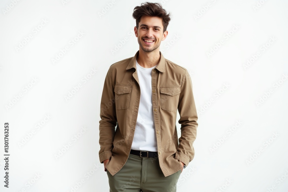 Half-Length (Waist-Up) portrait of young stylish smiling Croatian male model in preppy wear isolated on pure white background looking at camera Half-Length (Waist-Up) portrait of young stylish smiling Croatian male model in preppy wear isolated on pure white background looking at camera