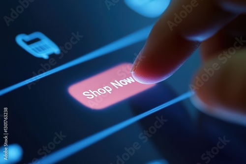 Shopping in the digital age with a fingertip on a glowing screen inviting users to explore new products online. Generative AI