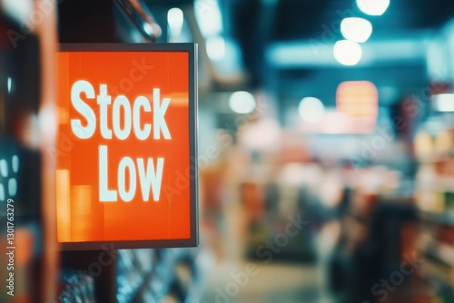 Glimpse into a bustling store highlighting inventory challenges as a stock low sign captures attention. Generative AI